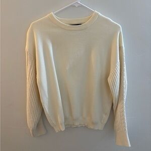 Cream Crew Neck Sweater with Ribbed Sleeves